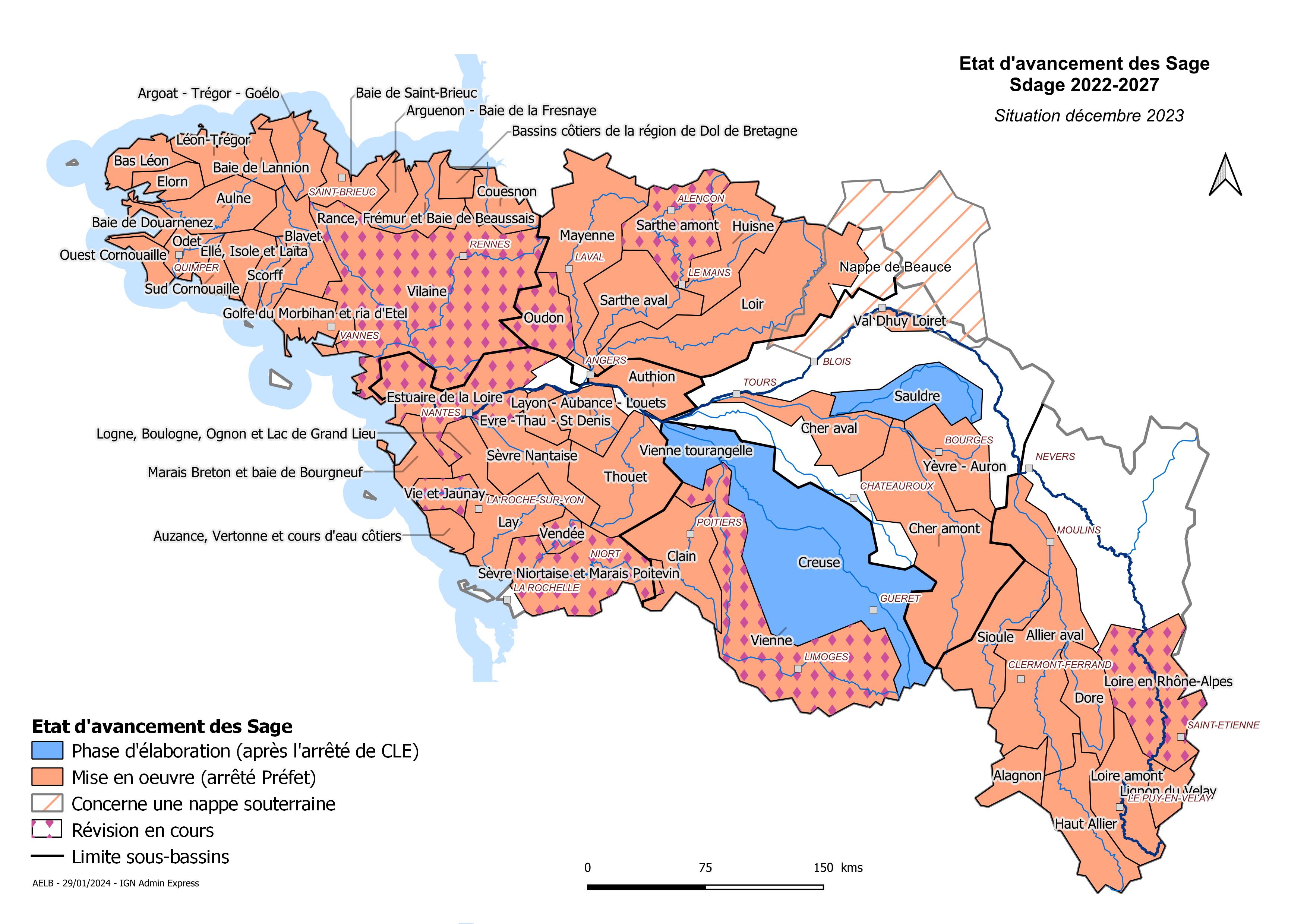 Etat d'avancement des Sage Loire-Bretagne - situation décembre 2023