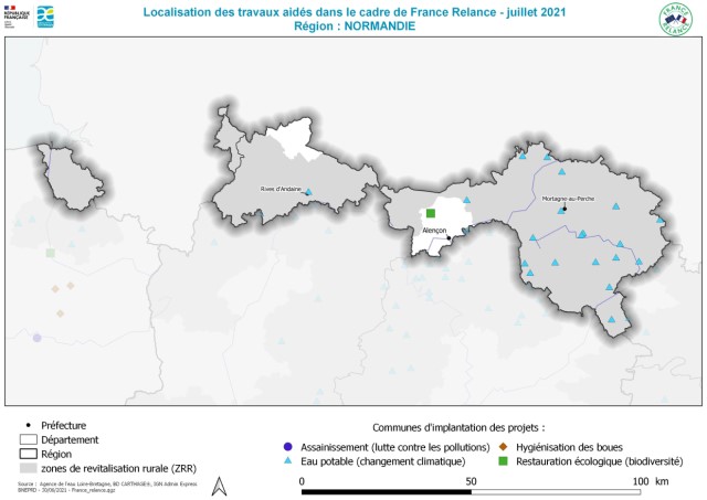 Localisation (commune d'implantation) des travaux pour l'eau aidés par France Relance en Normandie - juillet 2021 - La naure des projet est différenciée dans la légende : Assainissement (lutte contre les pollutions) - Eau potable (changement climatique) - Hygiénisation des boues - Restauration écologique (biodiversité)